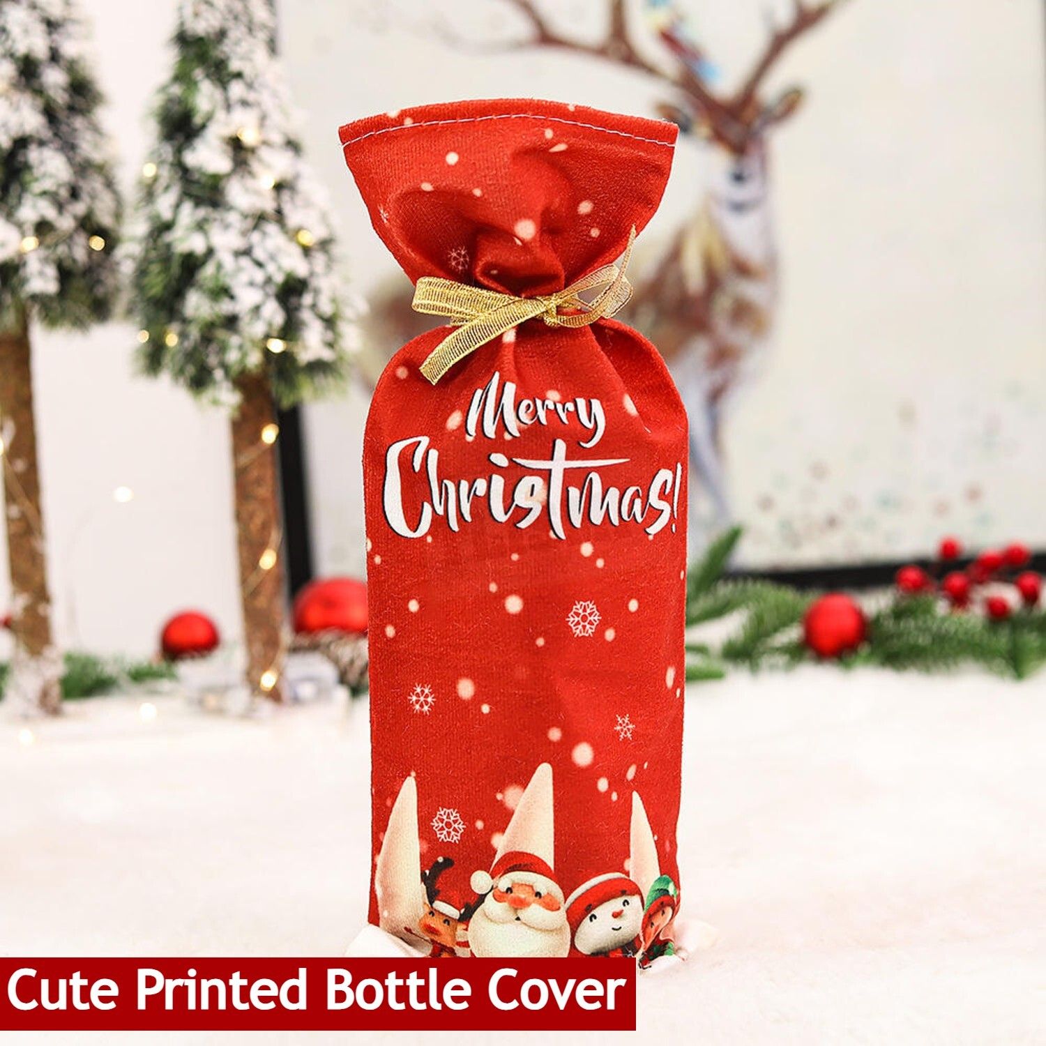 tlismi Soft Fabric Cute Santa, Snowflakes Printed Bottle Cover with Gold Ribbon-picture-0