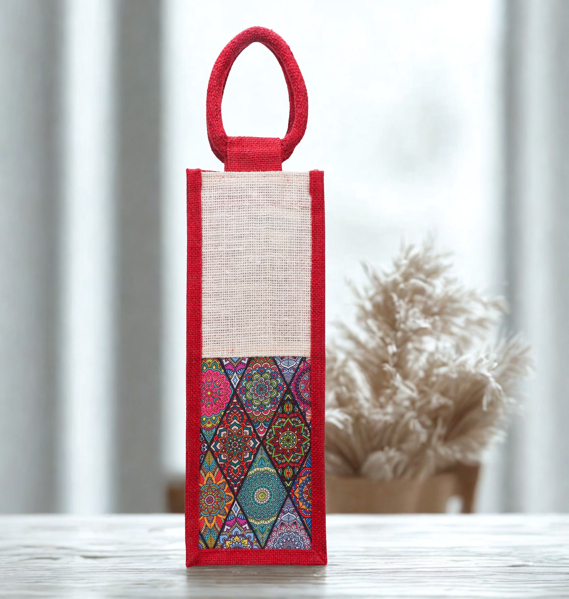 RED WHITE PARTITION TRIANGLE JUTE BOTTLE BAG-image-32