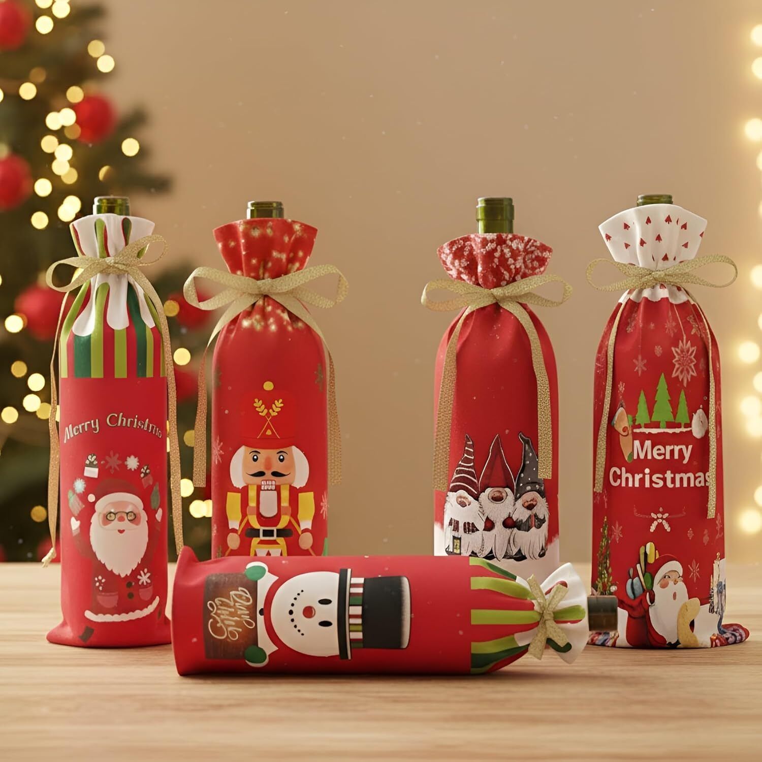 ascension Wine Bottle Covers Gifts Bags with Santa, Snowman, Gnome & Nutcracker(Pack Of 5)-picture-3