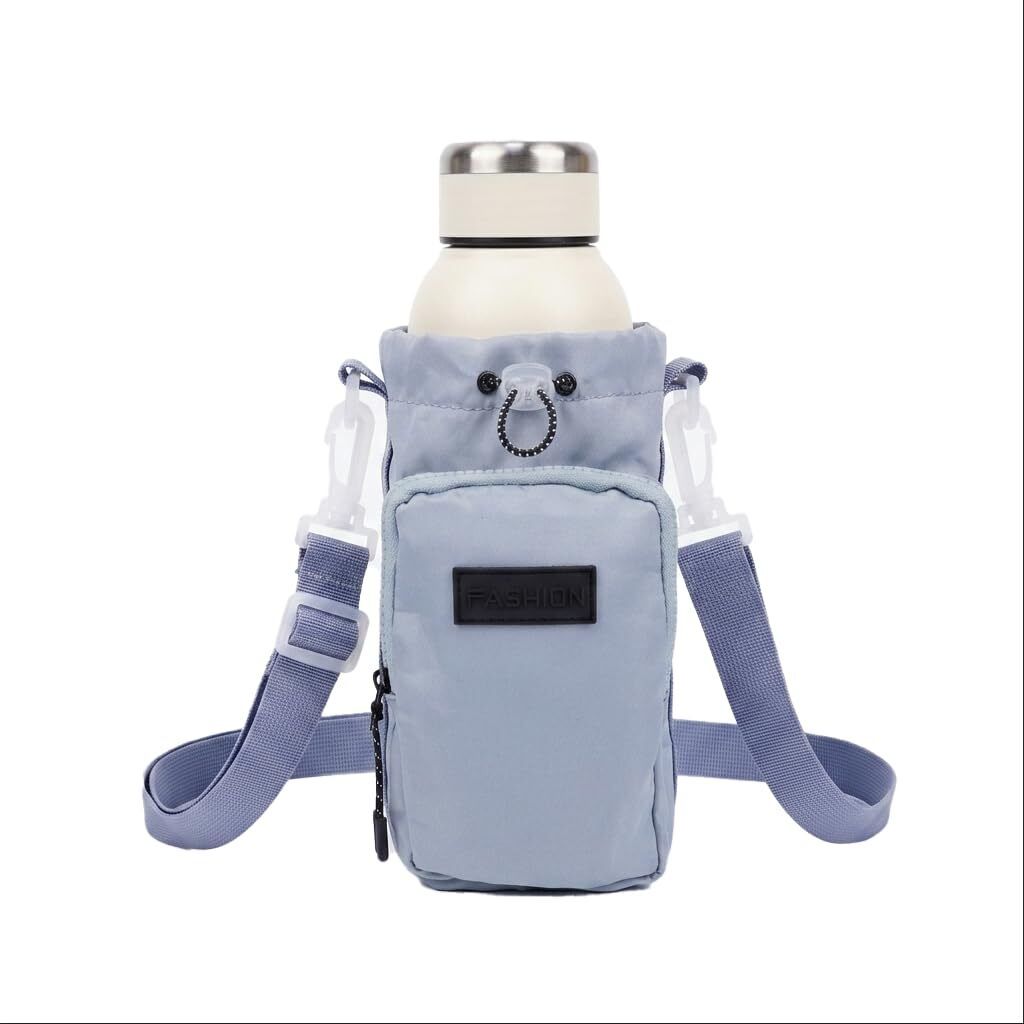 Water bottle carrier bag with phone pocket and adjustable strap blue design-image-46