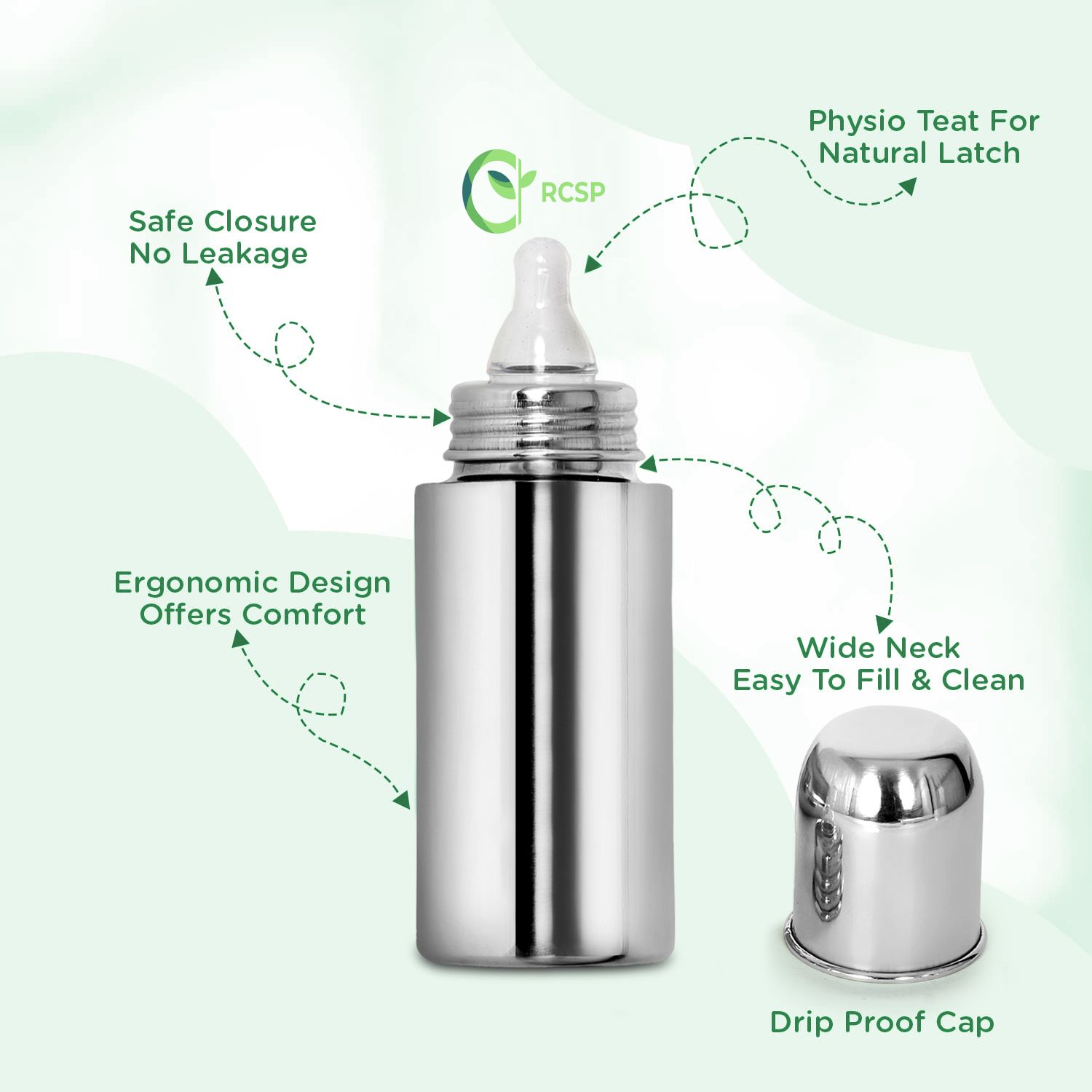 Stainless Steel Feeding Bottle with Medium Flow Nipples 250ml New Born Flow Nipple