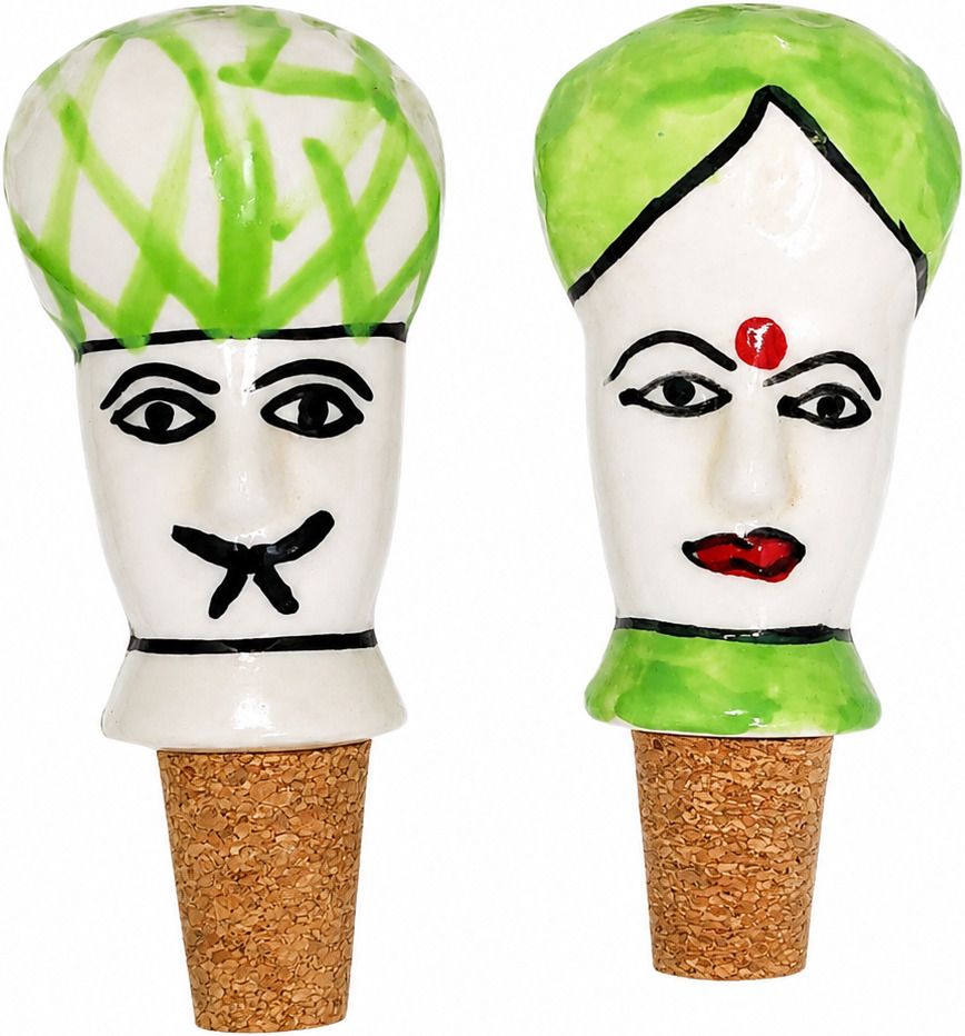 Handmade Ceramic Wine Bottle Stopper Set of 2 | Rajasthani Couple Cork Ceramic, Wooden Bottle Stopper-image-46