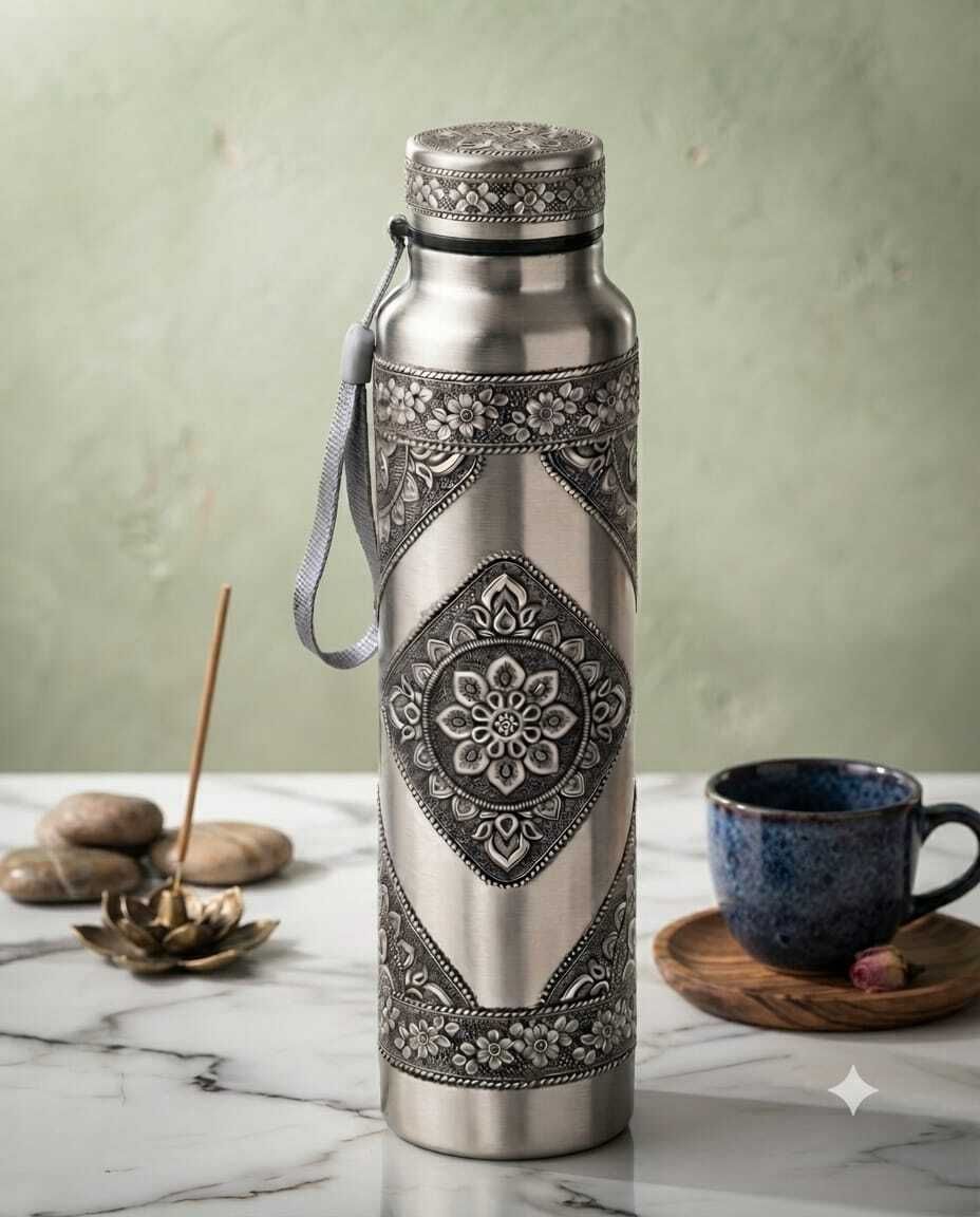 shree shyam Royal Oxidised Silver Finish Designer Water Bottle 1000 ml Steel Bottle-picture-36