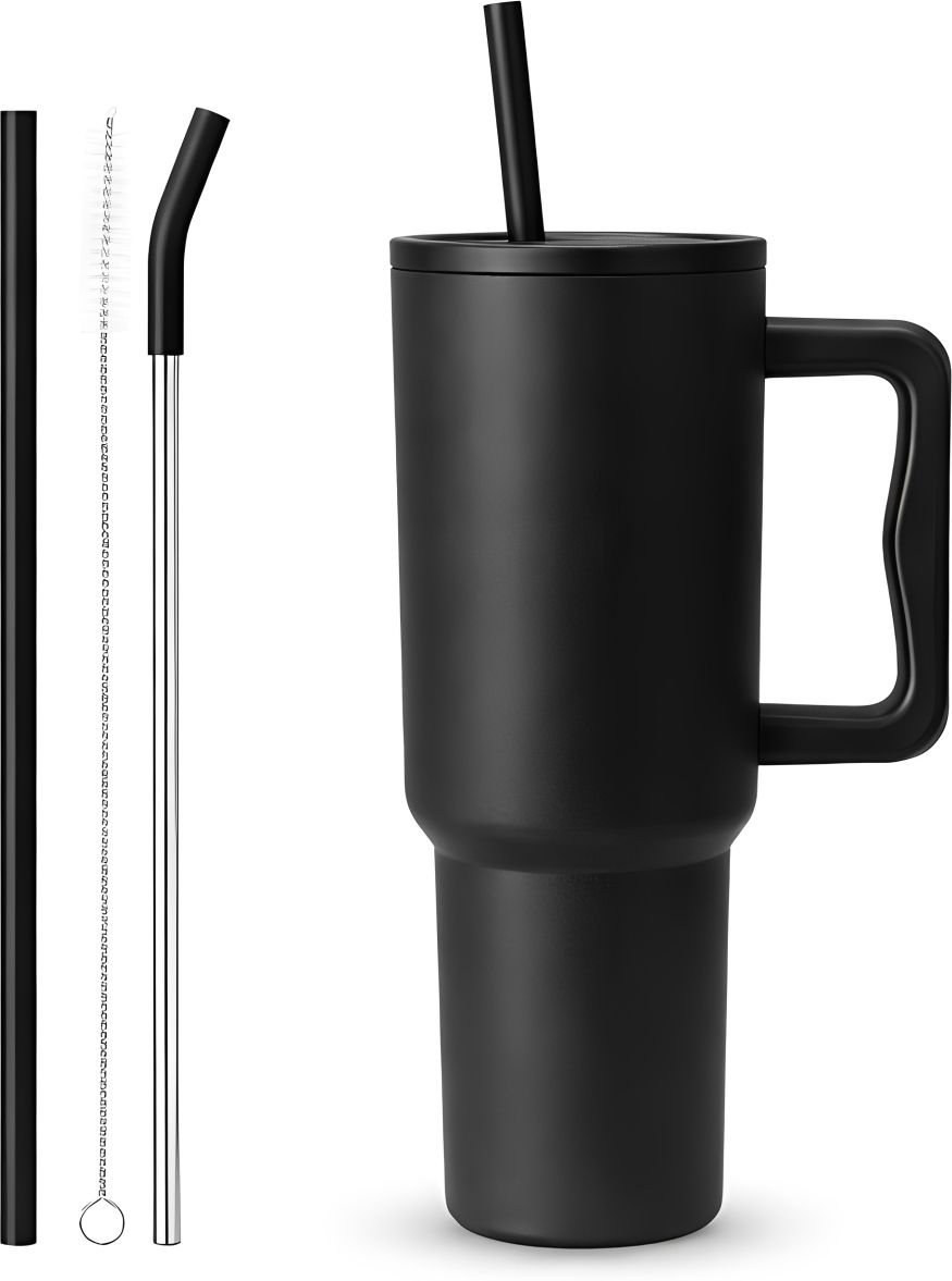 Large Capacity Travel with Handle, Spill Proof Lid & Straw Cup Stainless Steel Tumbler-image-2