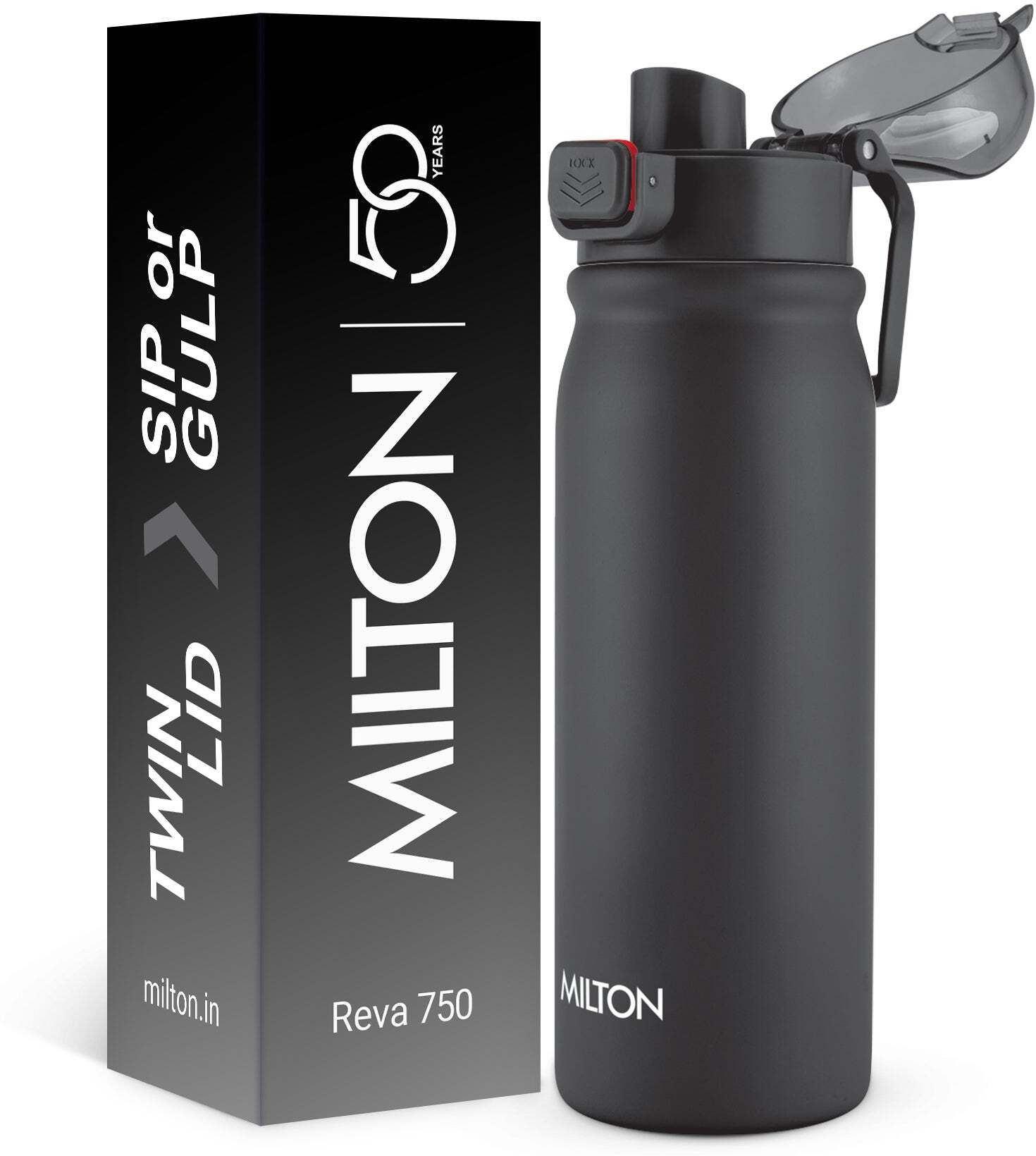 milton Reva 1000 Stainless Steel Water Bottle with Twin Lid Sip or Gulp, 1 Litre Black 1000 ml Stainless Steel Bottle-picture-22