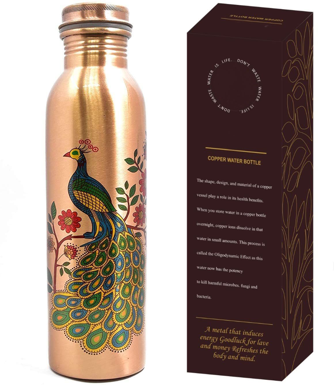 100% Copper Water Bottle Leak Proof Peacock Design for Dining (1 LTR ) 1000 ml Bottle-image-16