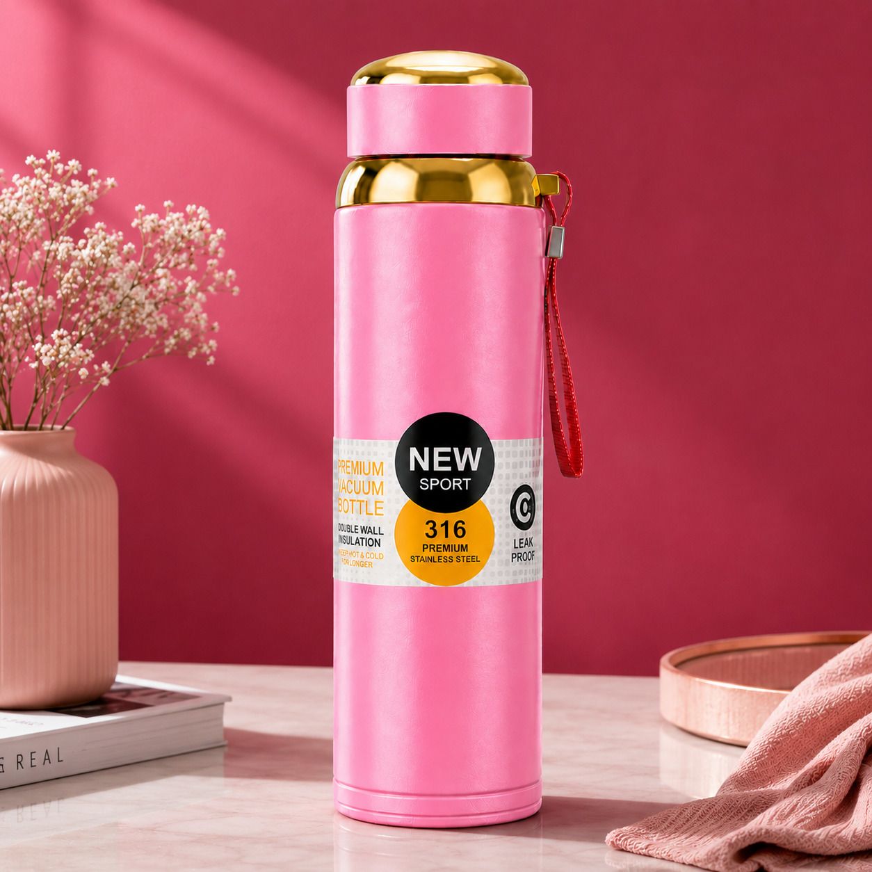 Premium 1000ml Vacuum Insulated 316 Steel Sports Water Bottle Pink 1000 ml Stainless Steel Flask-image-27