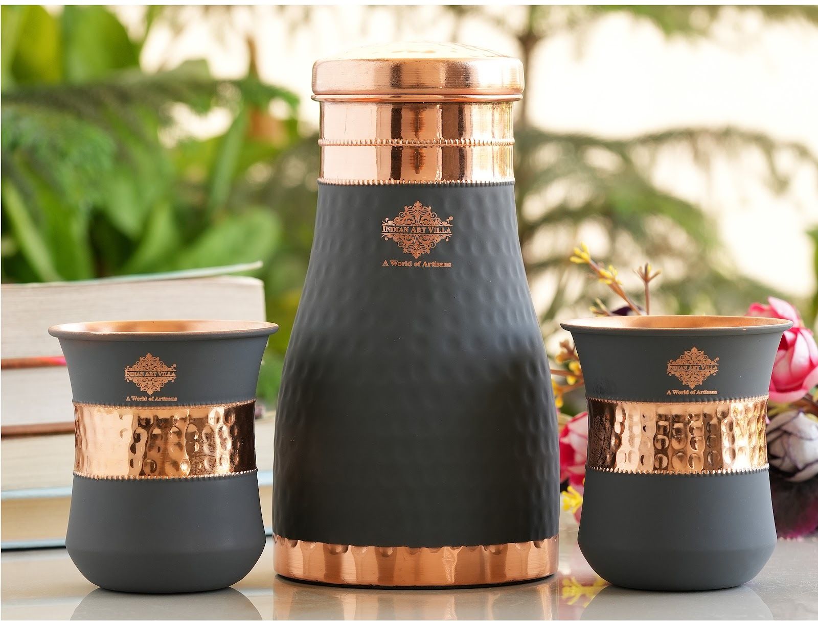 indianartvilla 950 ML Copper Bedroom Bottle Gift Set with Glass Lid, 2 Glasses and Gift Box 1000 ml Copper Bottle With Drinking Glass-picture-17