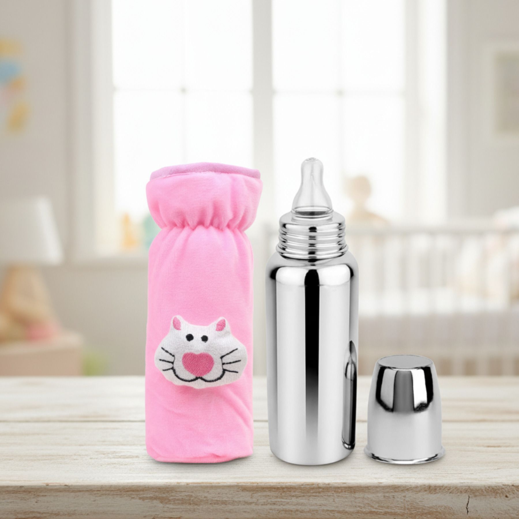 Baby feeding bottle with bottle cover steel bottle 0-3 years BPA Free - STAINLESS STEEL BOTTLE SILLICONE NIPPLE-image-30
