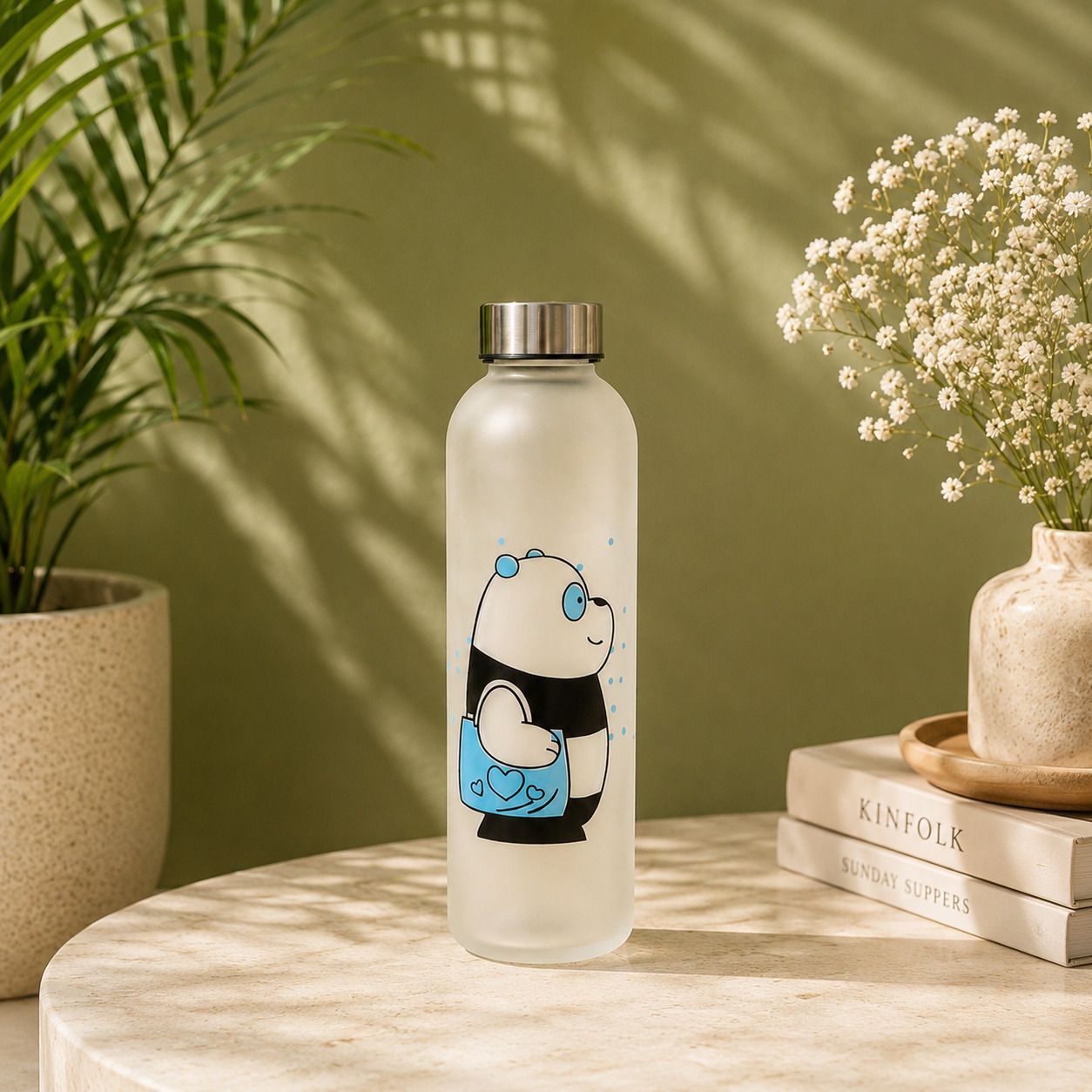 Cute Panda Frosted Glass Water Bottle 500 ml | Leakproof Stainless Steel Lid 500 ml Borosilicate Glass, Glass Bottle-image-46