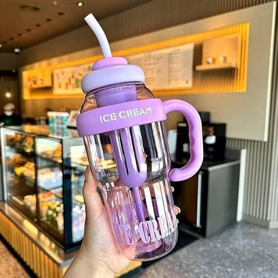 rhinetoys Insulated Ice Cream Water Bottle with Straw Cute & Stylish Large Capacity 1300 ml Bottle image 1