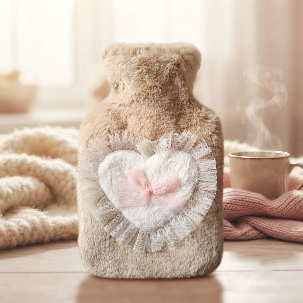 Cute Heart Furry Hot Water Bag with Ruffle Lace Border Bow Soft for Pain Comfort 500 ml Polyethylene, Silicone Bottle-image-14