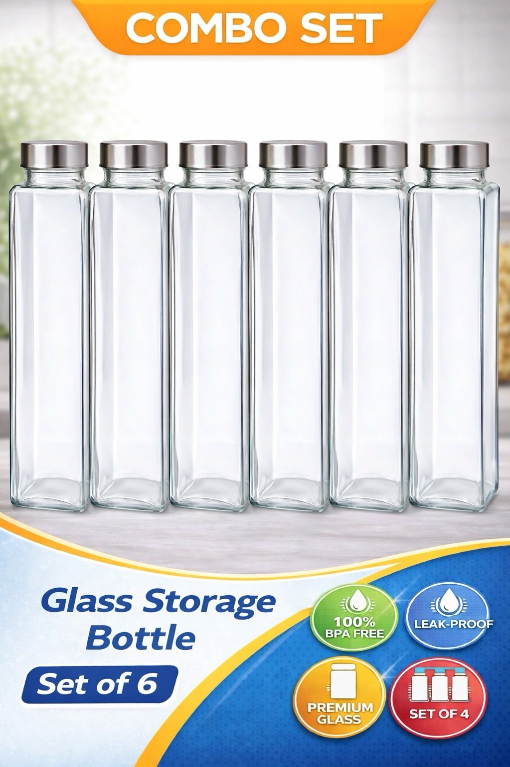 Premium Square Glass Storage bo with Steel Lid (Set of 6) 750 ml Glass Bottle-image-39