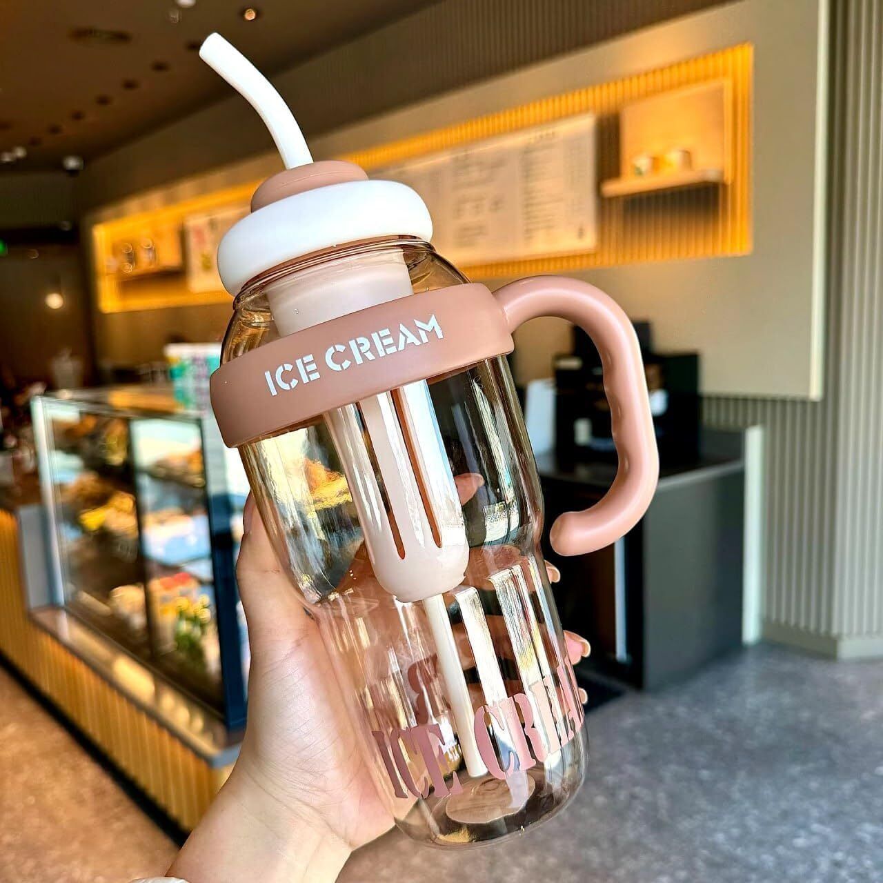 Water Bottle with Straw and Handle Transparent Tumbler Ice Cream Insulated 1300 ml Plastic Bottle-image-1