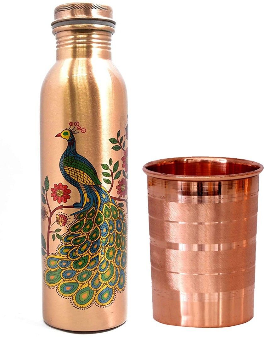 100 % copper peacock design Leak proof with one Glass copper water bottle 1000 ml Bottle With Drinking Glass-image-19