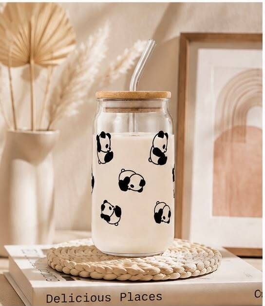Cute Panda Printed Glass | Reusable Iced Coffee Cup | Glass Tumbler 500 ml Borosilicate Glass Sipper-image-33
