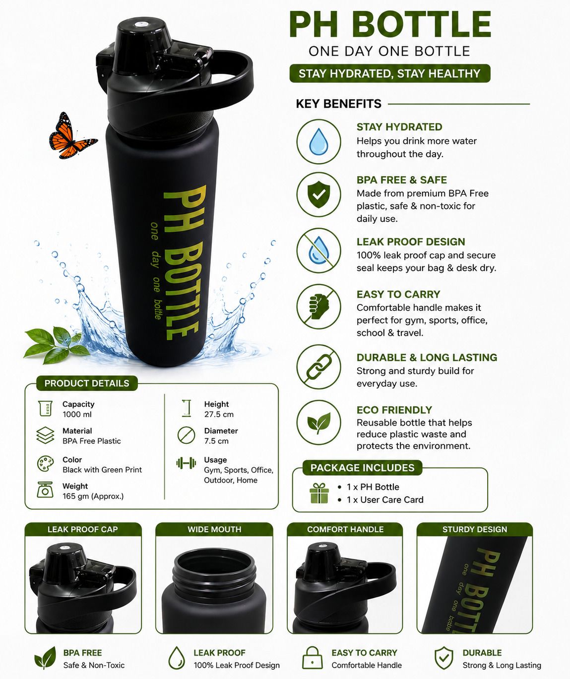 PHBOTTLE-BLK-1000ML-001 1000 ml Steel, Plastic Bottle-image-45