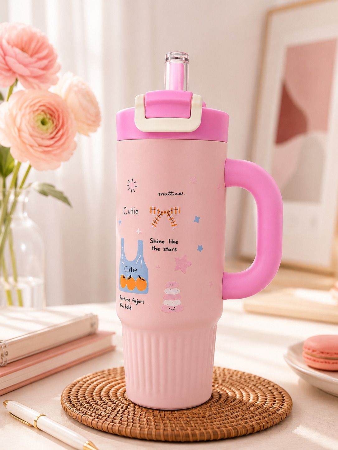 sahaessence Kawaai Style New 800 ml Insulated Stainless Steel Tumbler with Handle & Straw 800 ml Stainless Steel Sipper-picture-43