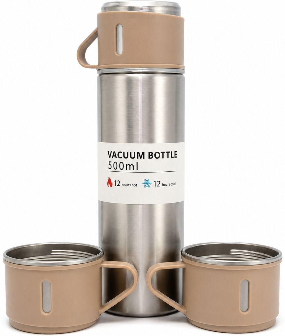 Premium Vacuum Flask Bottle with 3 Cups | Double Wall |Hot & Cold 12 Hours 500 ml Stainless Steel Flask-image-24