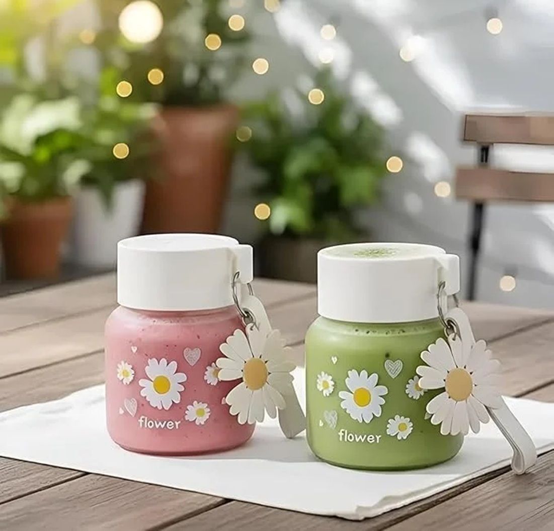 Frosted Glass Water Bottle with Daisy Charm & Leakproof Lid 300 ml Glass Bottle-image-26