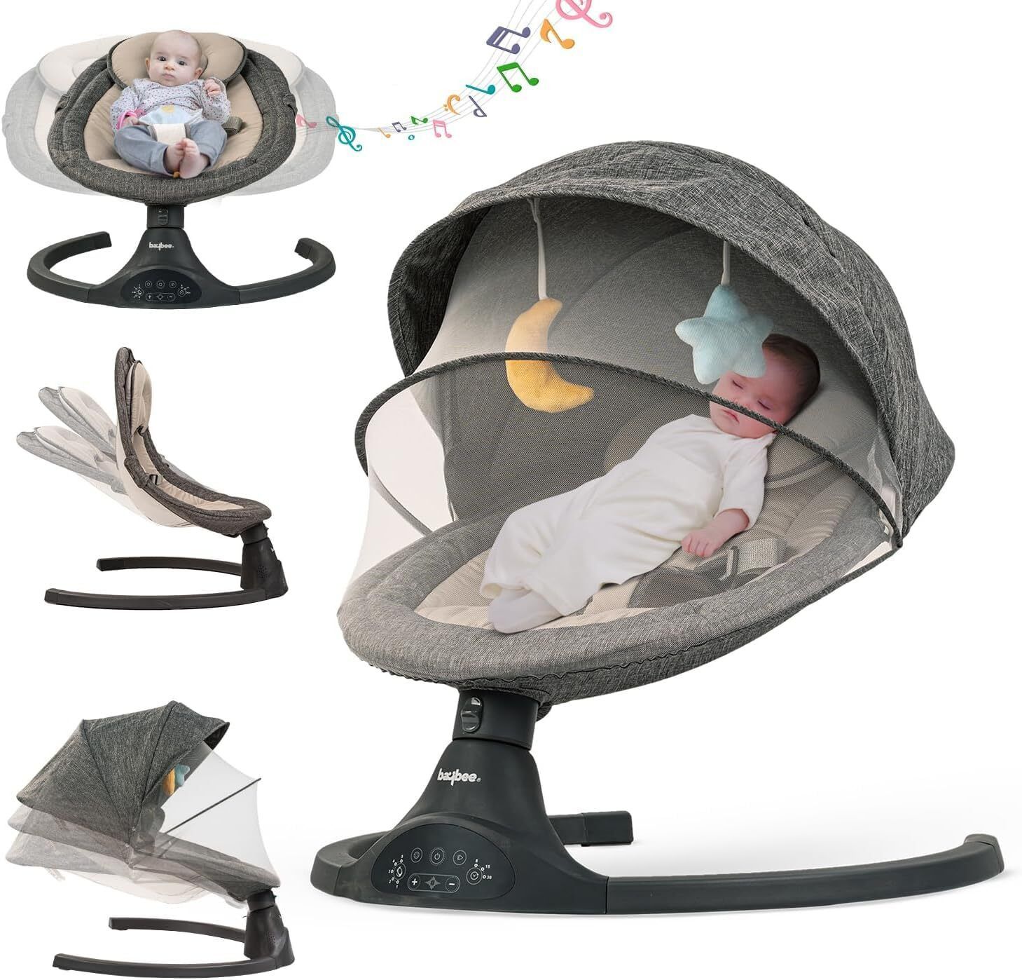 Premium Baby Rocker with Mosquito Net Safety Belt Removable Toys Swing Bouncer