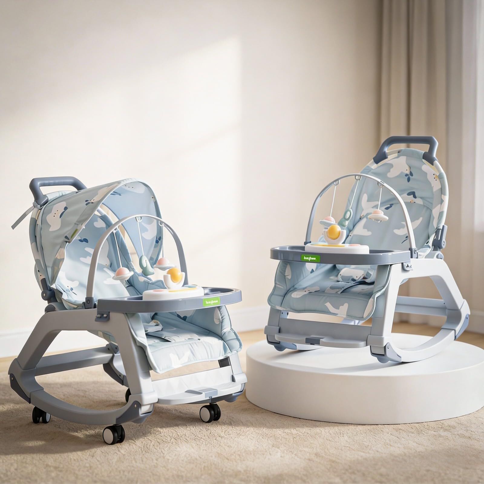 Baby Rocking Chair for 0–3 Yrs with Push Rocker Adjustable Canopy & Hanging Toys Rocker and Bouncer-image-29