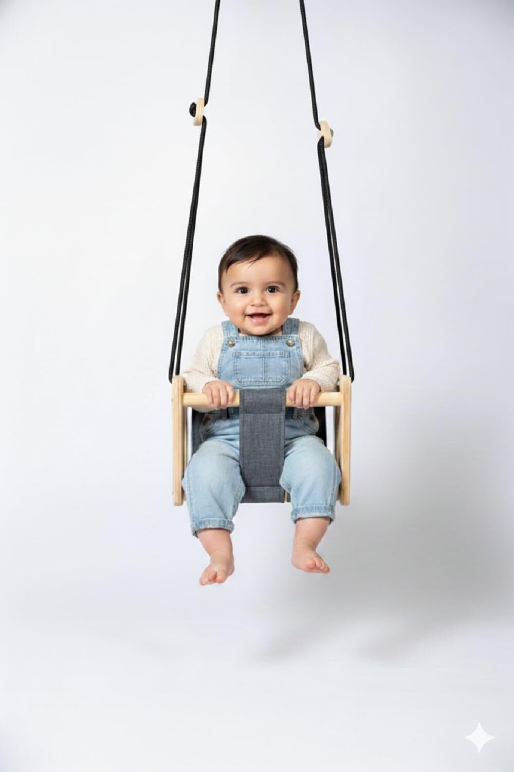 TinyJoy Premium Birchwood & Denim Canvas Baby Swing Bouncer
