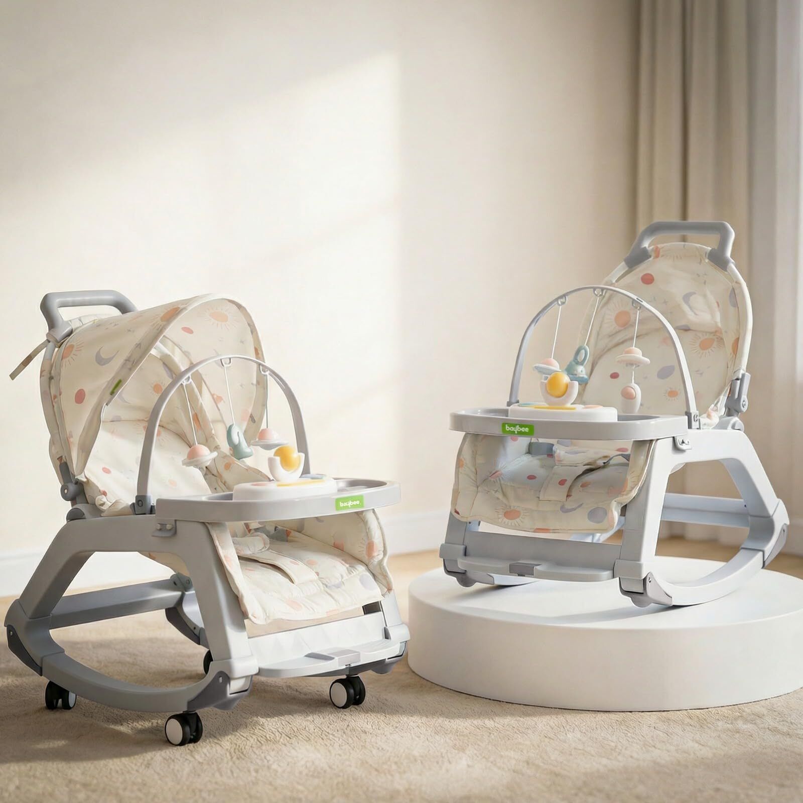 Baby Rocking Chair for 0–3 Yrs with Push Rocker Adjustable Canopy & Hanging Toys Rocker and Bouncer-image-28
