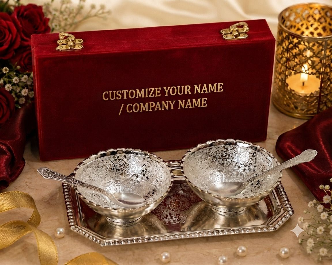 smiles gift Round Silver Plated Serving Bowl Set, Premium Box, Custom Name Tag cloure Bowl Serving Set-picture-34