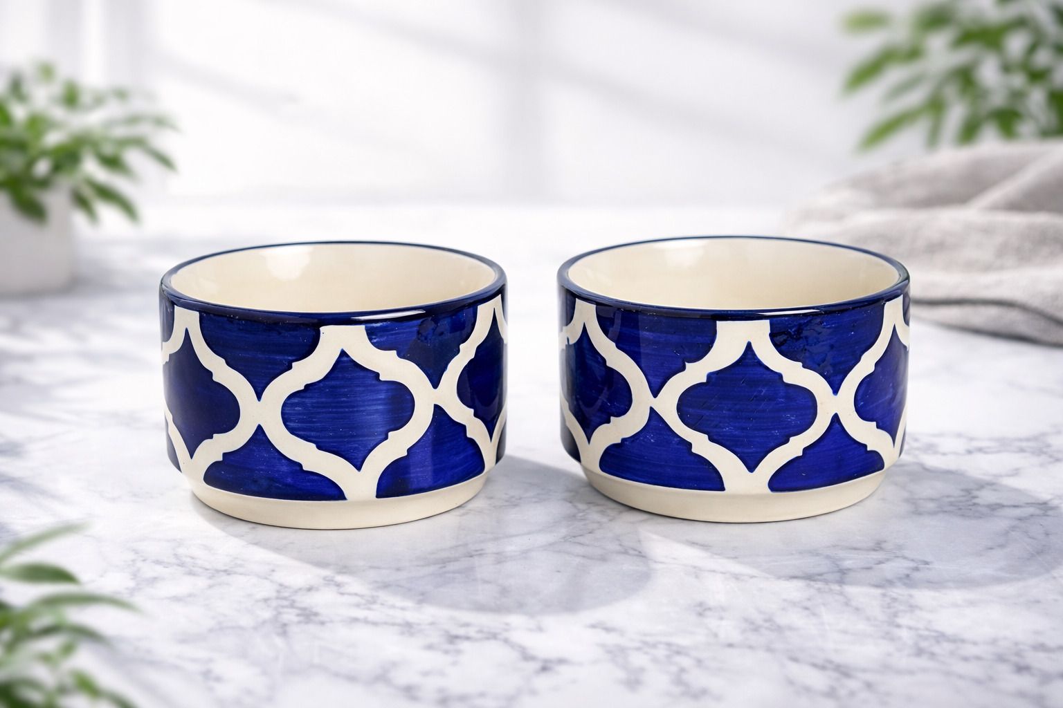 Ceramic Sauce Bowl Blue and White Moroccan Pattern 50ML, ROUND SHAPE Disposable