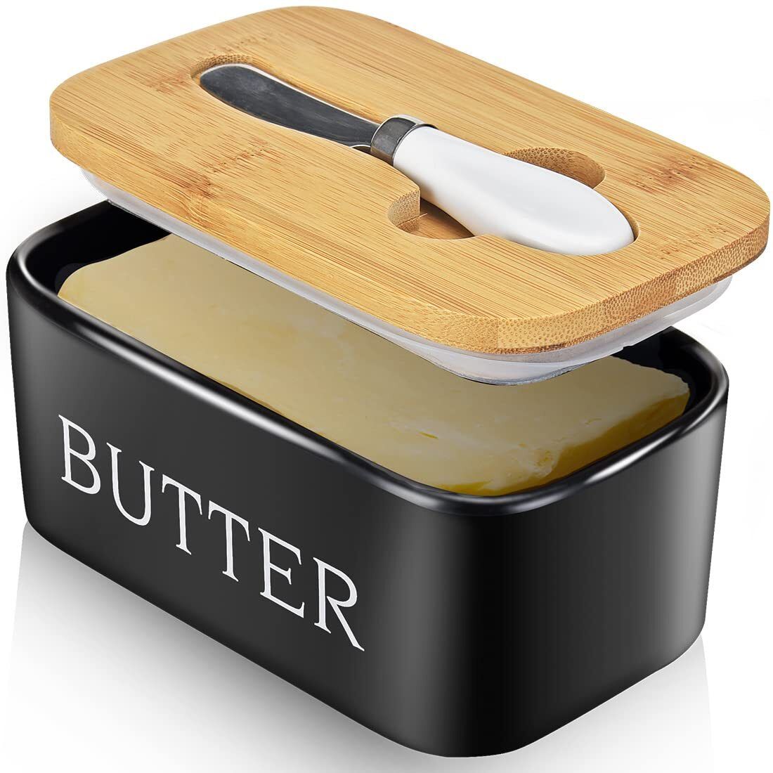 shree enterpriise Ceramic Butter Box with Bamboo Lid Container with Knife Ceramic Cake Server-picture-18