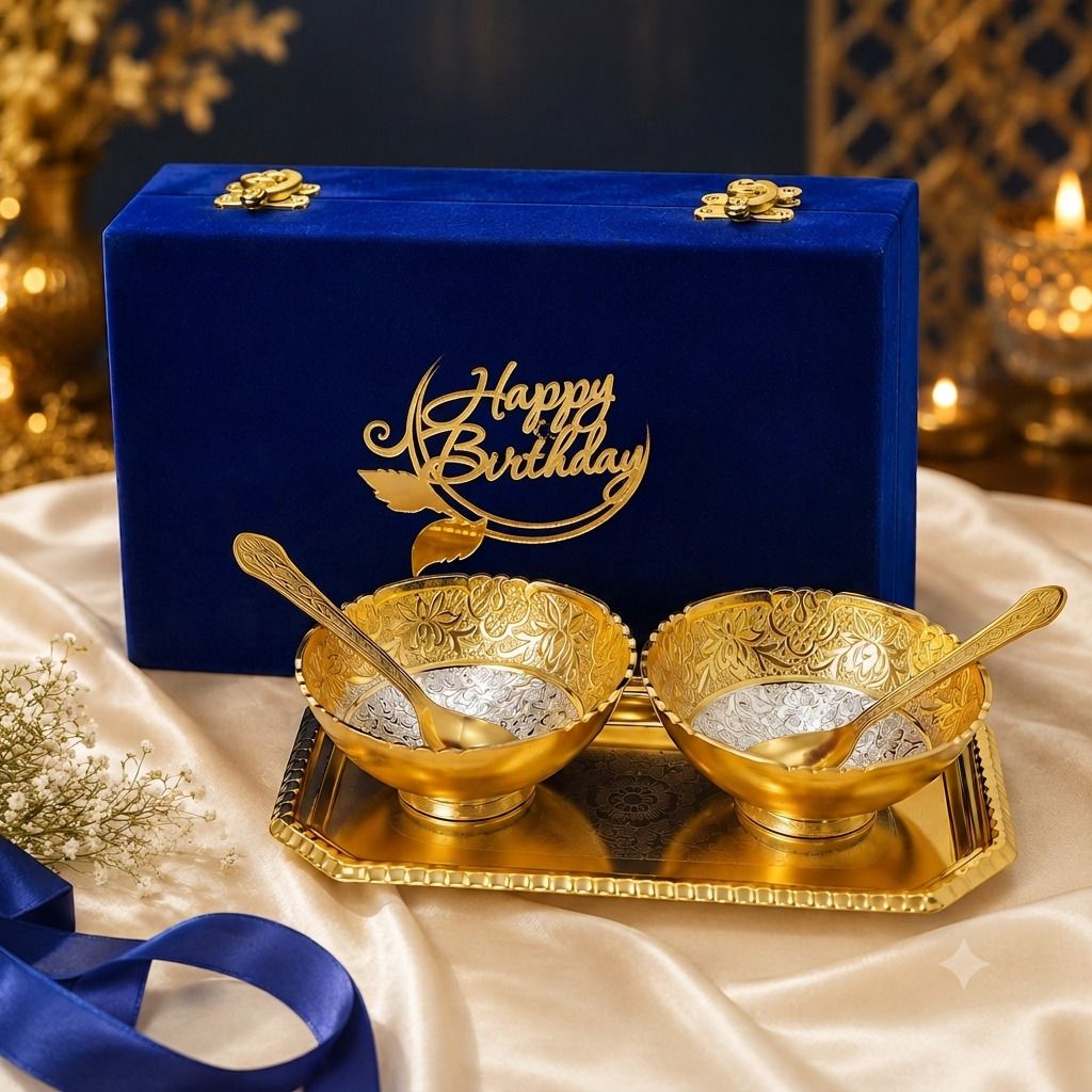 smiles gift Round Golden Silver Plated Serving Bowl Set, Box, Birthday Tag cloure Bowl Serving Set-picture-40