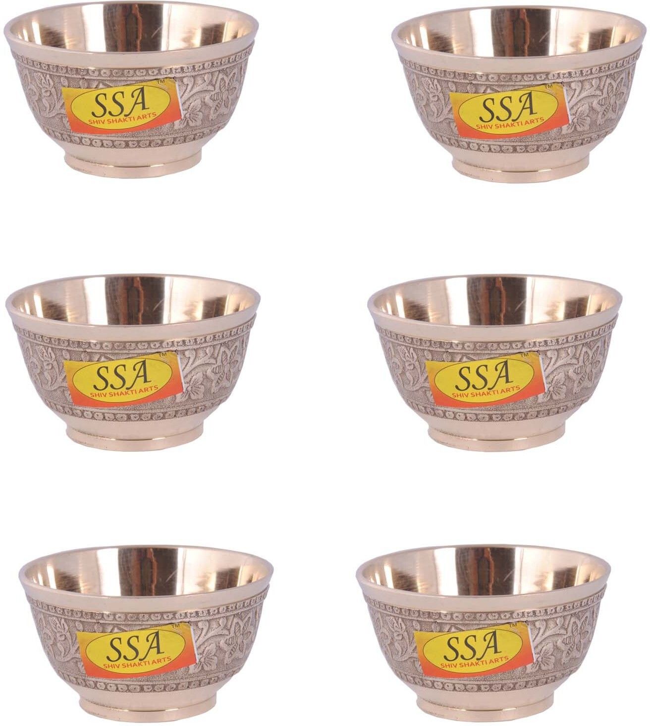 Brass Dessert Bowl Handmade Pure Brass Embossed Flower Design Katori Bowl Homeware Hotelware Dinnerware Kitchenware Volume -150 ml each::Set Of 6-image-1