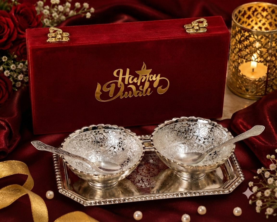 smiles gift Round Silver Plated Serving Bowl Set, Box, With Happy Diwali Tag cloure Bowl Serving Set-picture-23