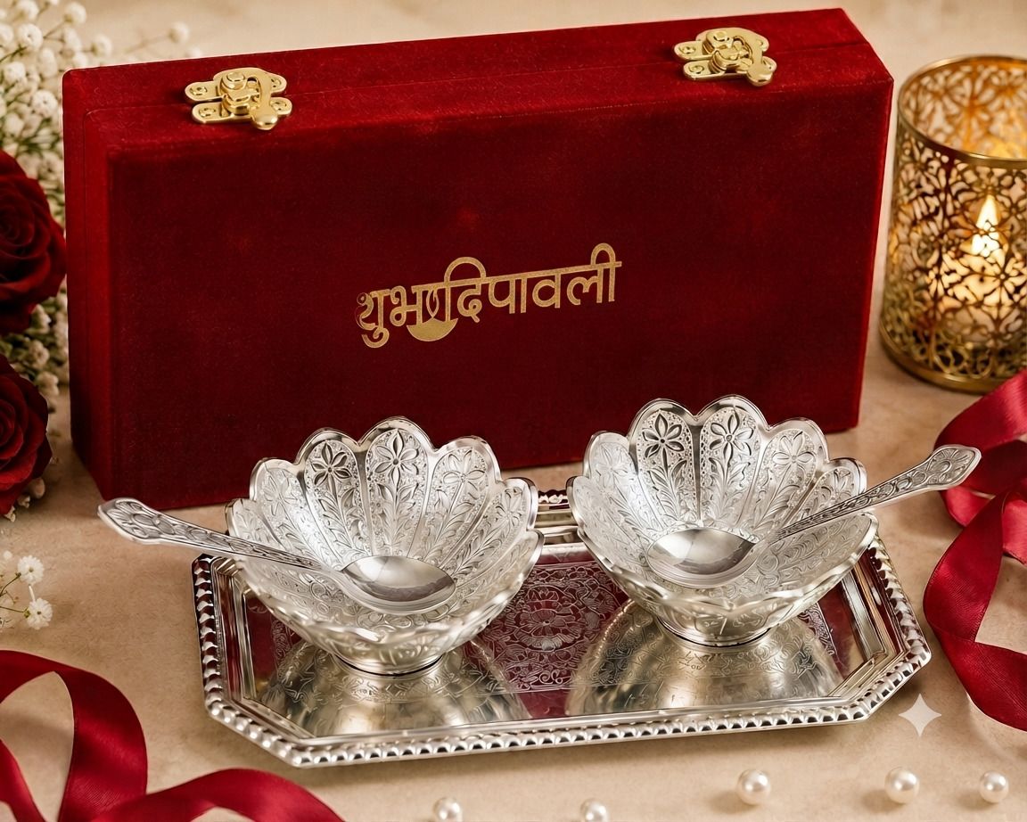 starlight German Silver Plated Decorative Bowl Set, Elegant Subh Dipawali Gift Bowl Serving Set-picture-12