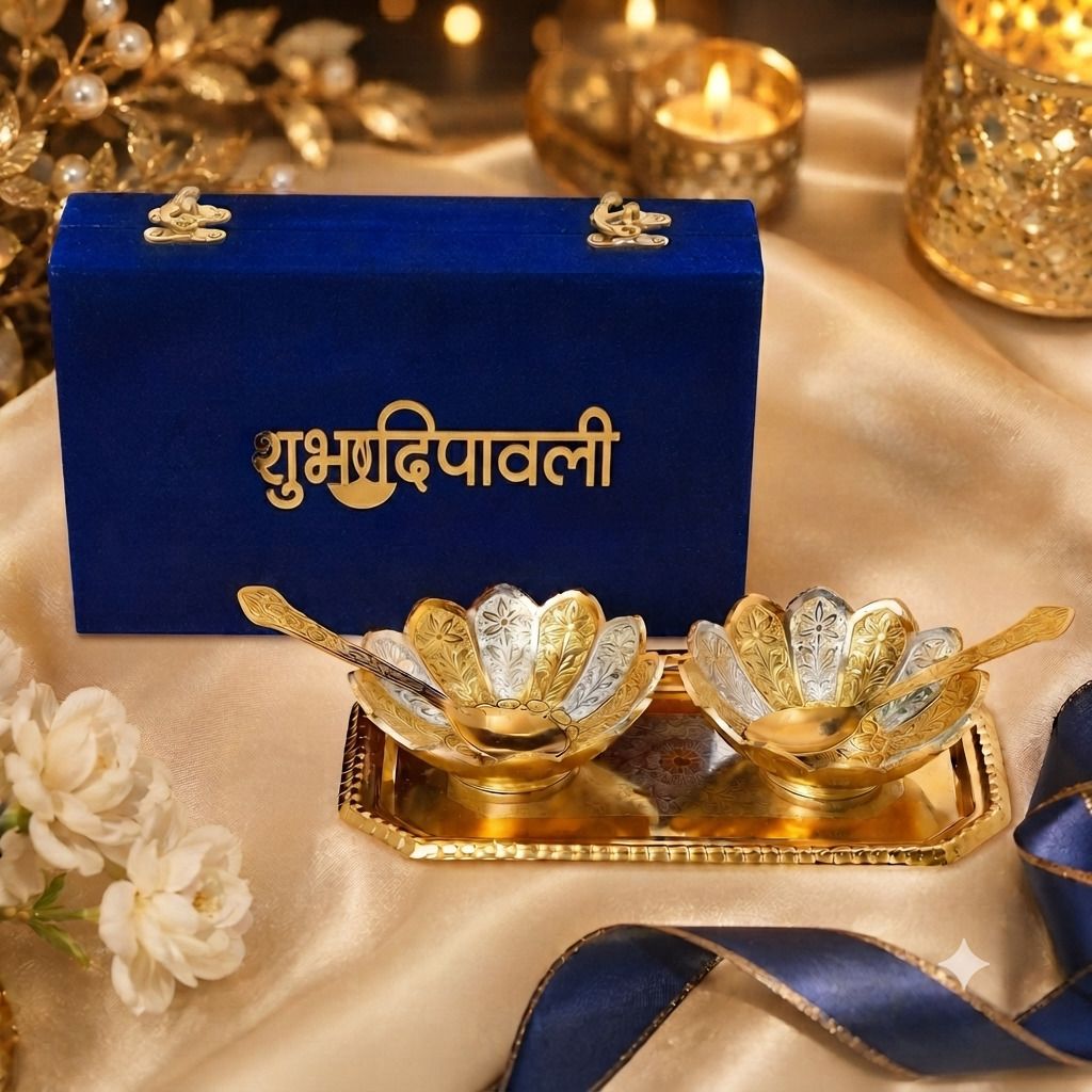 Royal Lotus Bowl Set with Spoons, Blue Velvet Box Best with Subh Diwali Tag Bowl Serving Set-image-48