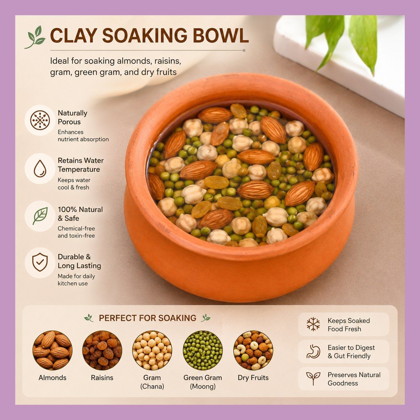 Earthenware Serving Bowl Soaking Bowl for Dry Fruits & Pulses Almonds, Raisins, Green Gram & Chickpeas D-image-12