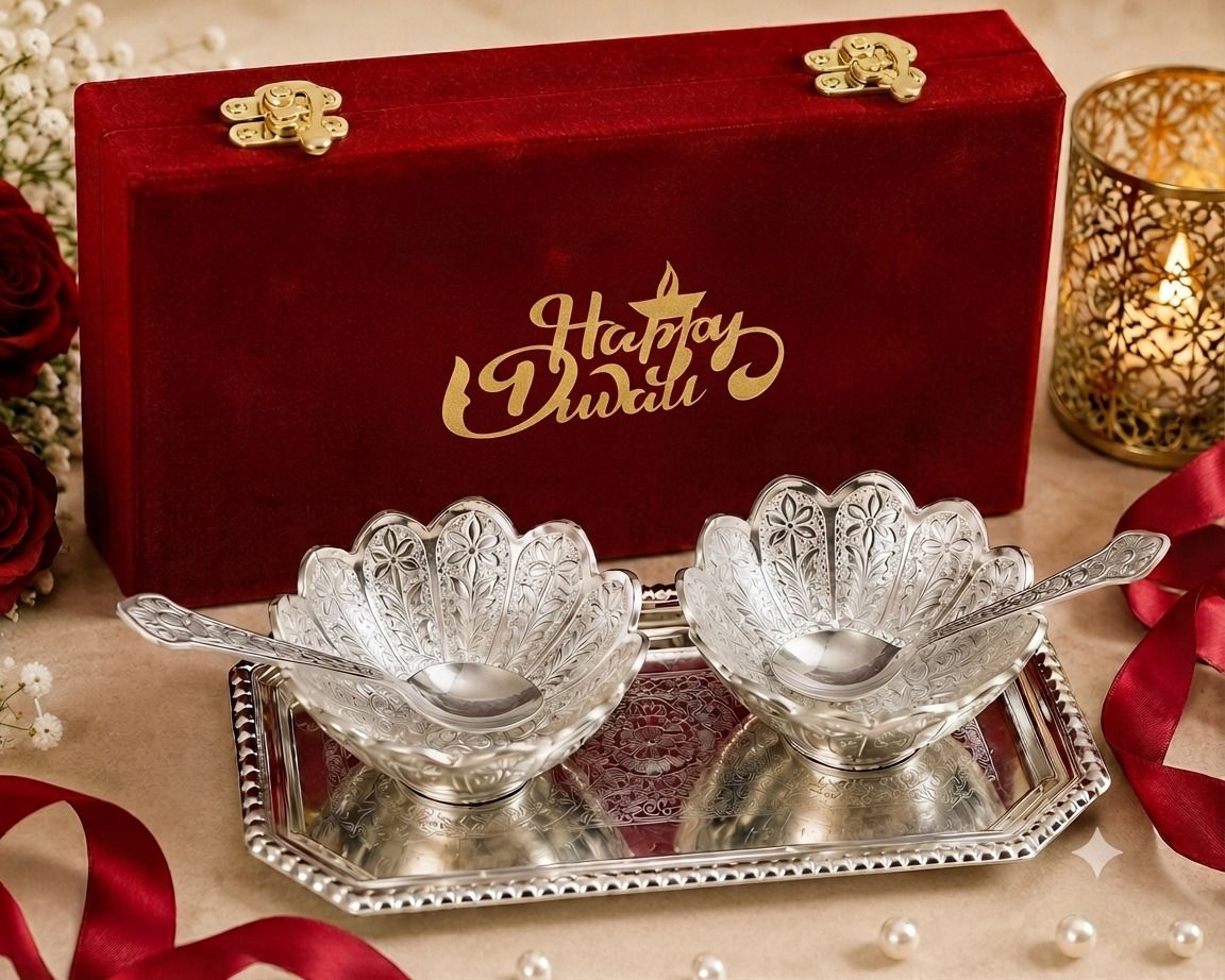international gift German Silver Plated Lotus Bowl Set, Red Velvet Box, For Diwali Gifting Bowl Serving Set-picture-26