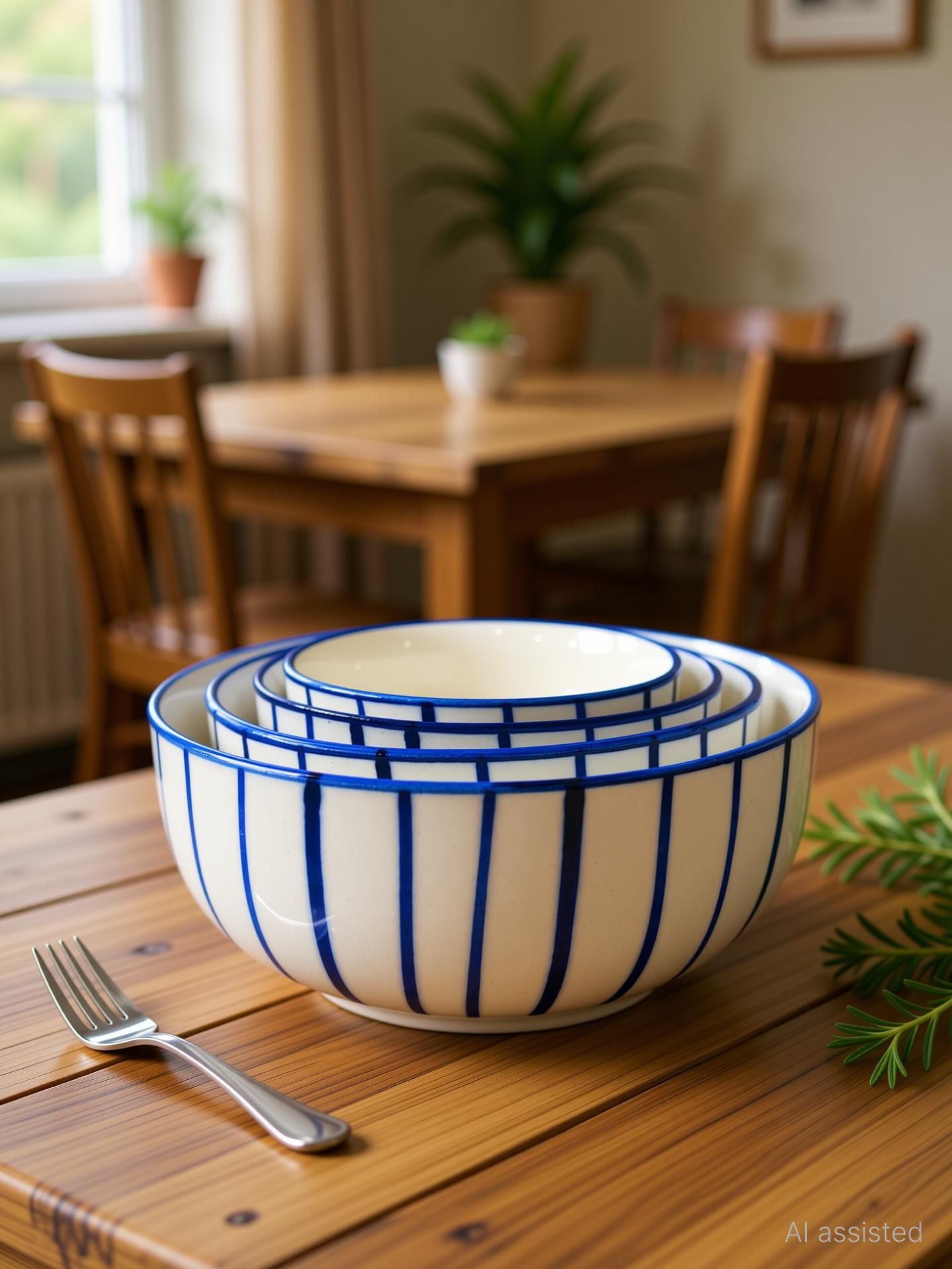 Ceramic Serving Bowl Blue Strips Bowl Set Of 4 (1000,750,500,300)ml Mixing Dinnerware Bowl Set-image-28