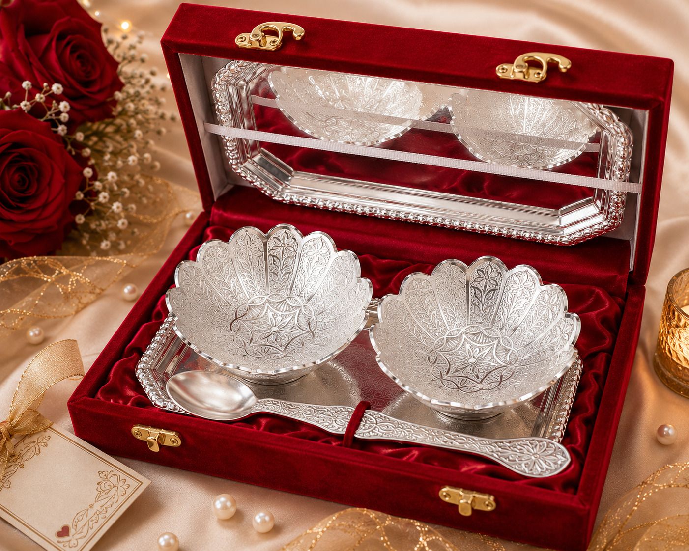 German Silver Plated Serving Bowl Set, Premium Velvet Box, Return Gift Bowl Serving Set-image-14