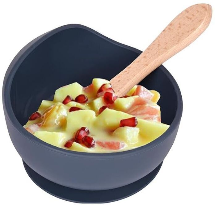 Baby Silicone Suction Bowl with Wood-Handle Spoon – Unbreakable, BPA‑Free - SILICONE