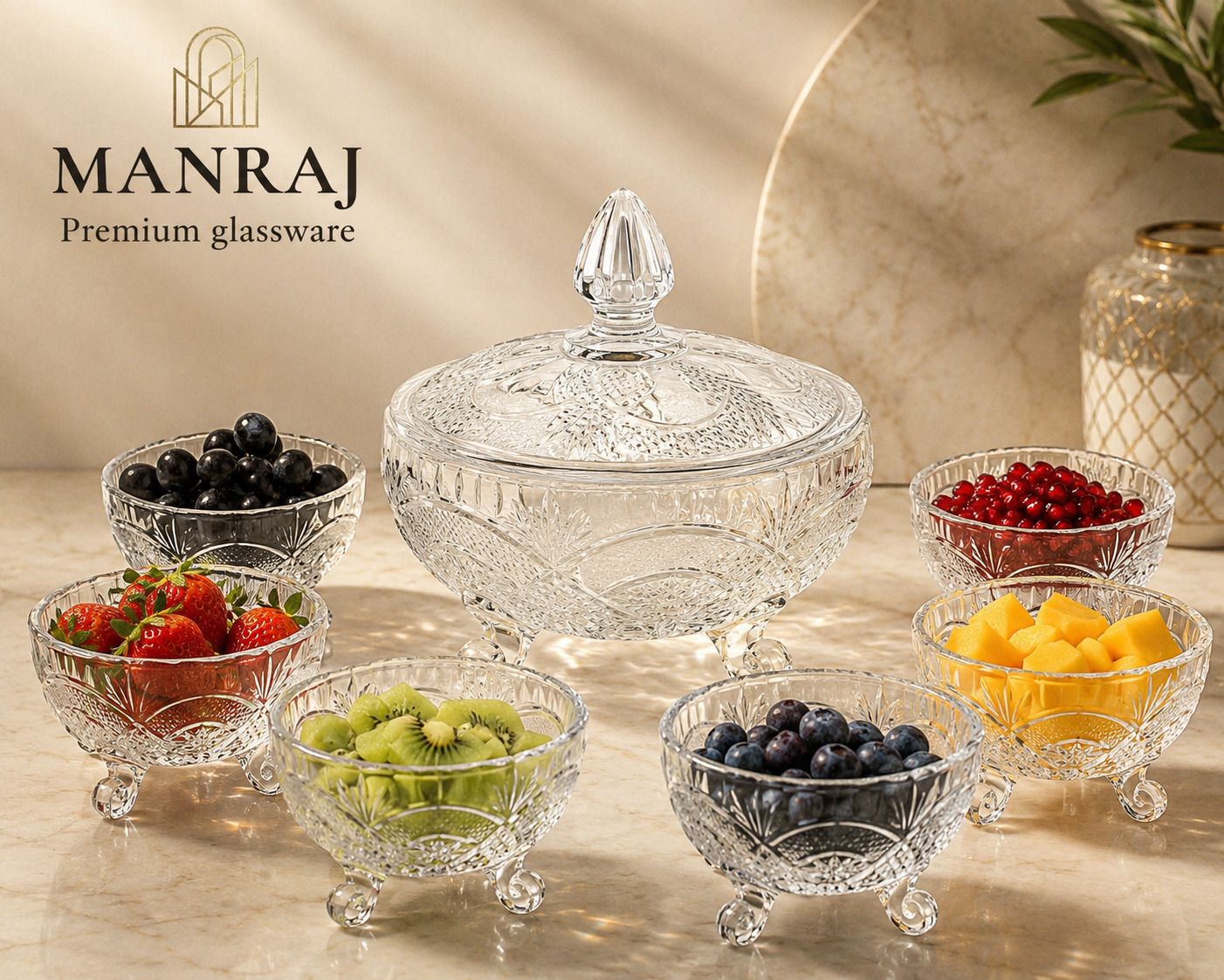 manraj Glass Serving Bowl 7pcs Pudding Bowl Set (Big - 1L & Small - 220 ML) for Snacks, Fruits, Salad-picture-3