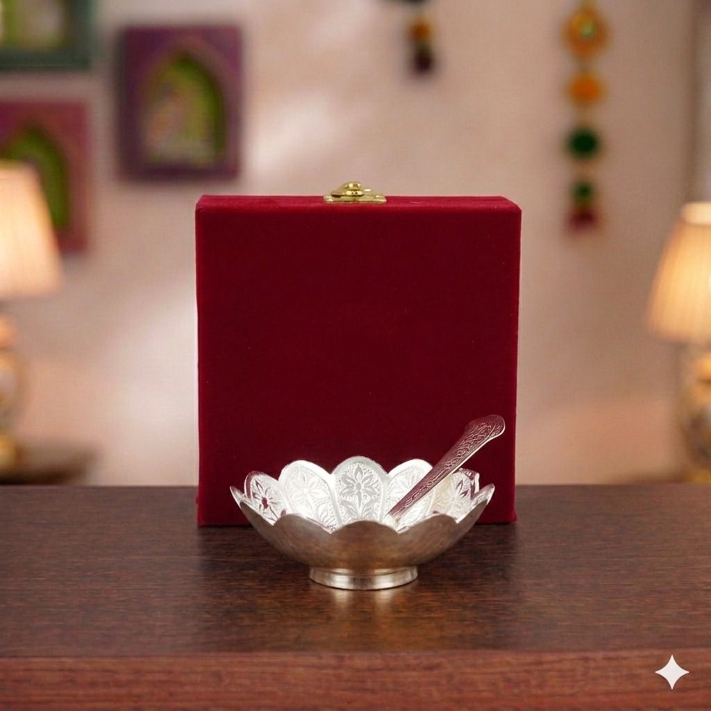 smiles gift Aluminium Decorative Bowl Premium German Silver Lotus Prasad Bowl & Spoon Set in Red Velvet Box-picture-15
