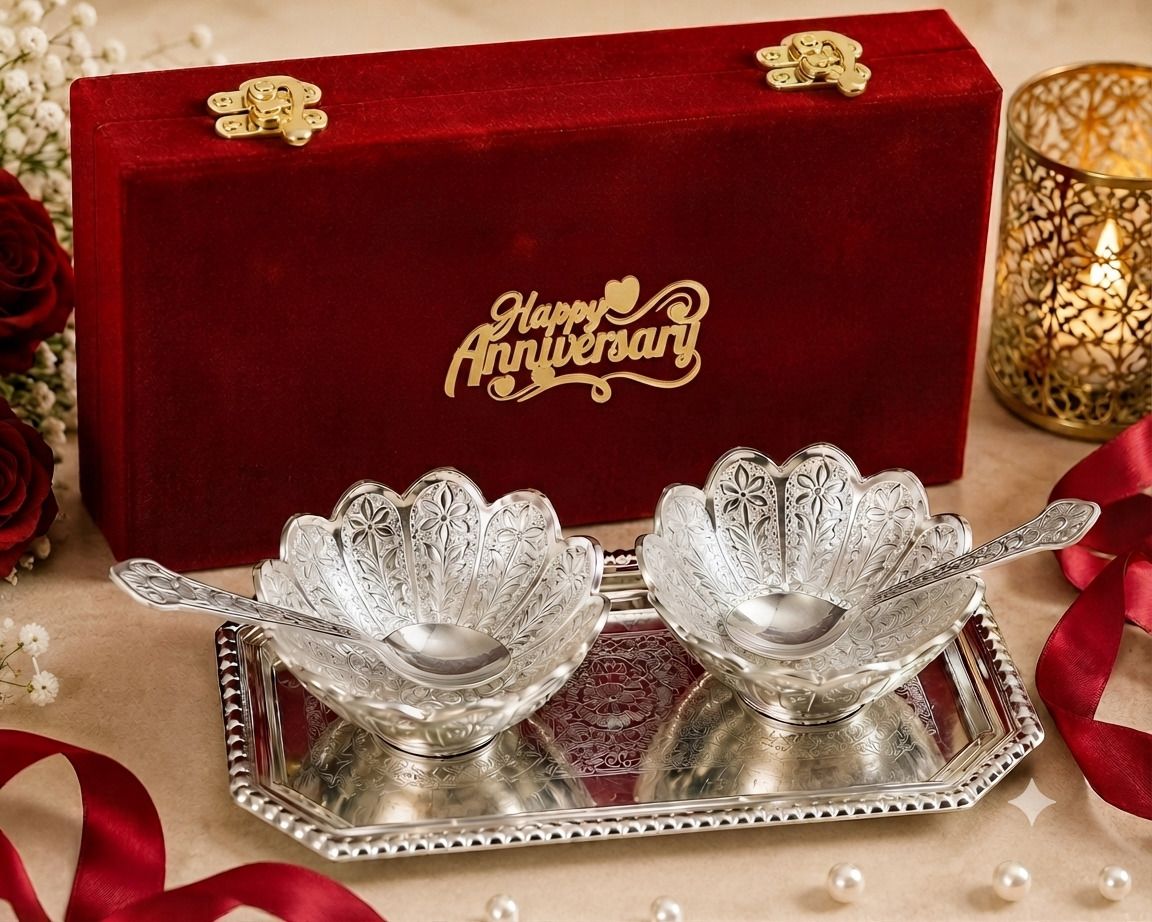 starlight German Silver Plated Decorative Bowl Set, Elegant Gift, For Anniversary Gifting Bowl Serving Set-picture-10
