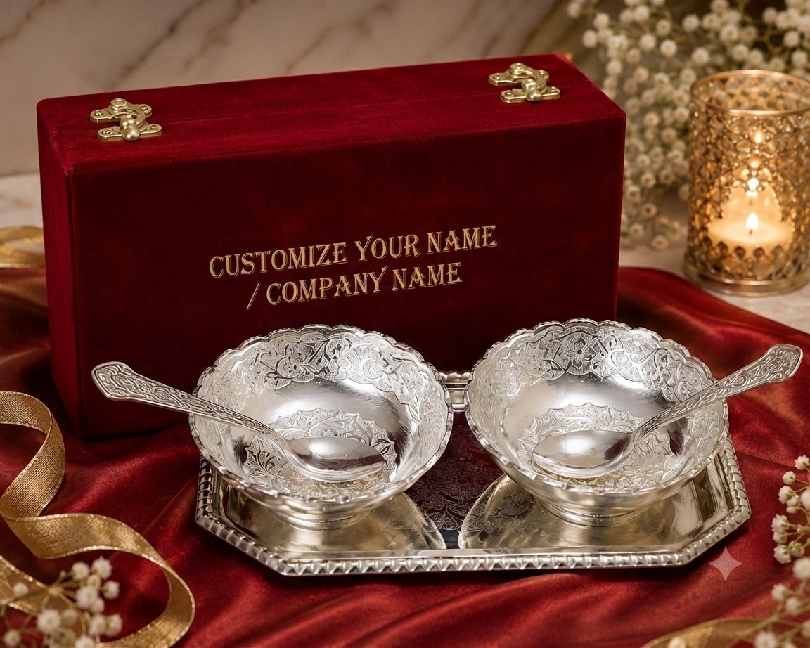 Silver Plated Handwork Bowl Set, Red Velvet Box, Personalized Custom Gift Bowl Serving Set-image-28