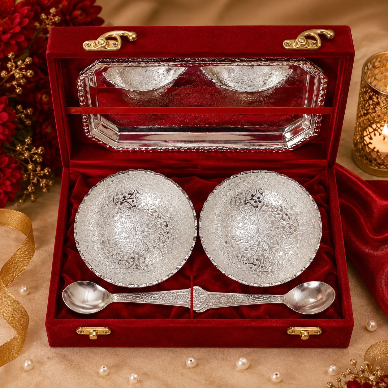 smiles gift Round Silver Plated Serving Bowl Set, Premium Velvet Box, Return Gift cloure Bowl Serving Set-picture-29