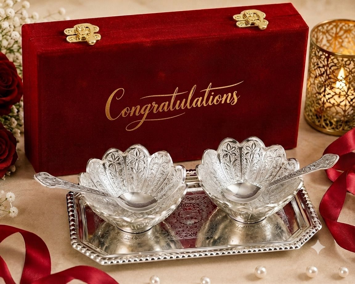 Silver Plated Serving Bowl Set, Premium Velvet Box, With Congratulations Tag Bowl Serving Set-image-2