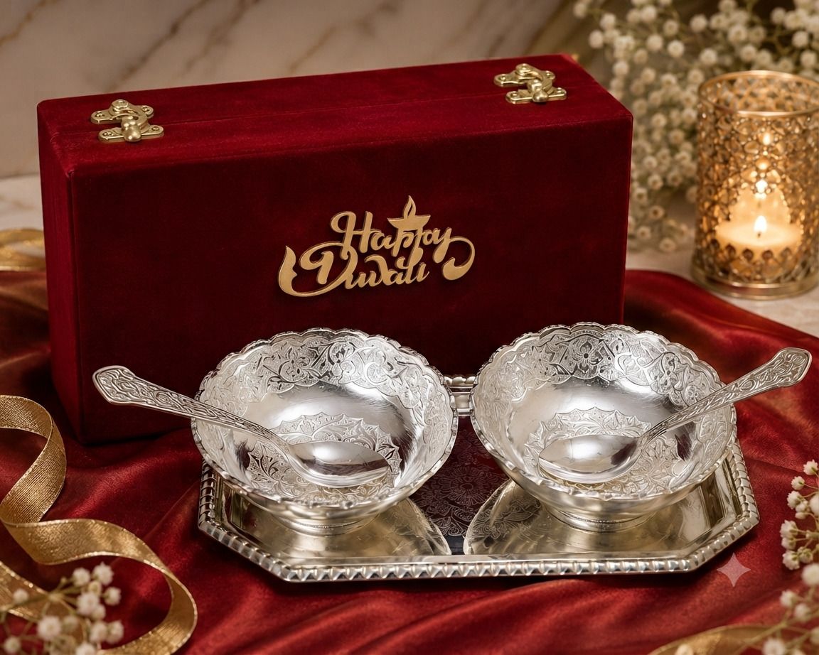 Silver Plated Handwork Decorative Bowl Set, Elegant Diwali Gift, Velvet Box Bowl Serving Set-image-3