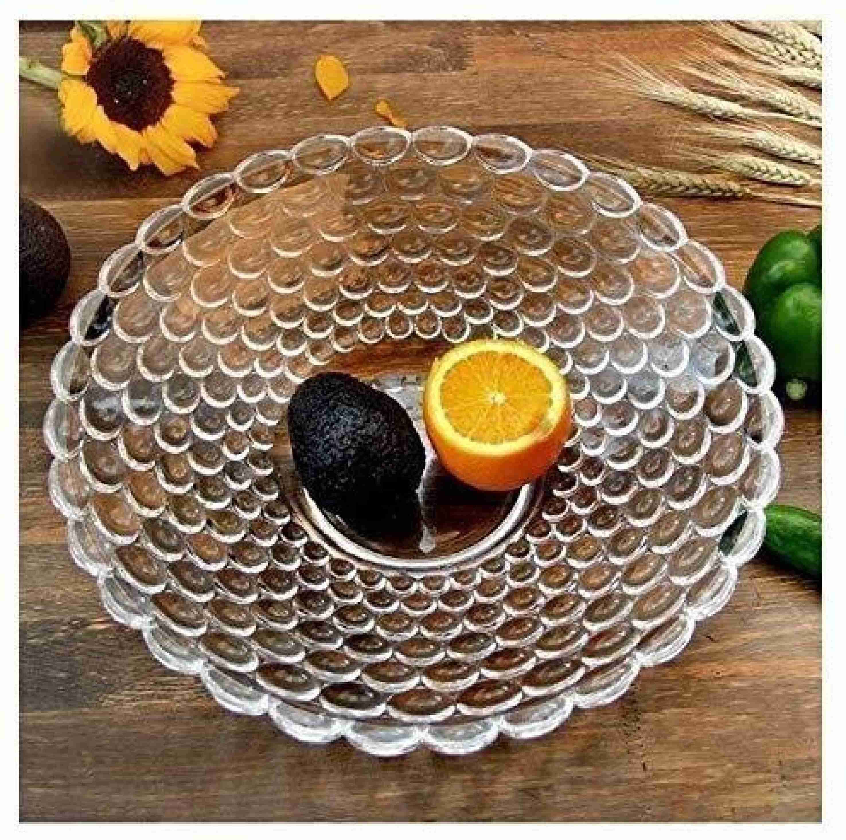 Glass Serving Bowl Crystal Glass Transparent Classic Bubble Fruit Bowl Plate Serving Tray (24.5 CM)