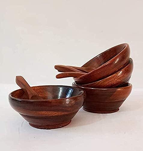 Wooden Serving Bowl Wooden Bowls with Spoons - 4 +4 Pieces, Walnut Brown-image-4